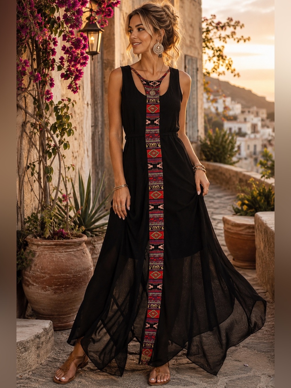 YA Los Angeles Silk Blend Black Maxi Dress Tribal Print Sheer Cover Boho Size L
